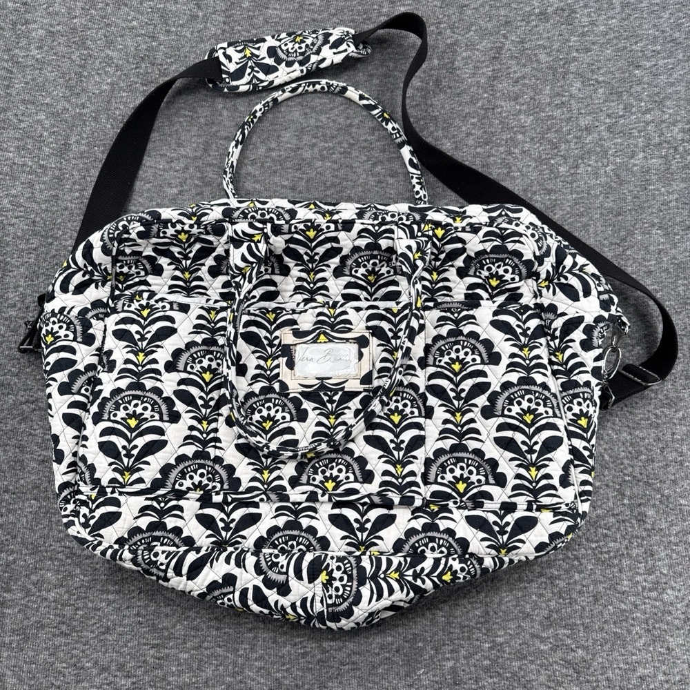 Vera Bradley Fanfare Weekender Travel Bag Quilted Duffel Black White Yellow Tote